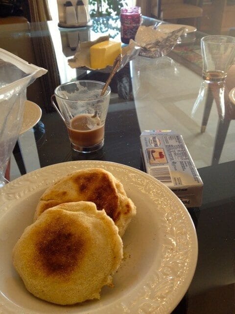 English muffins from scratch for breakfast in Beijing! Sarah took this, and it made me jealous.