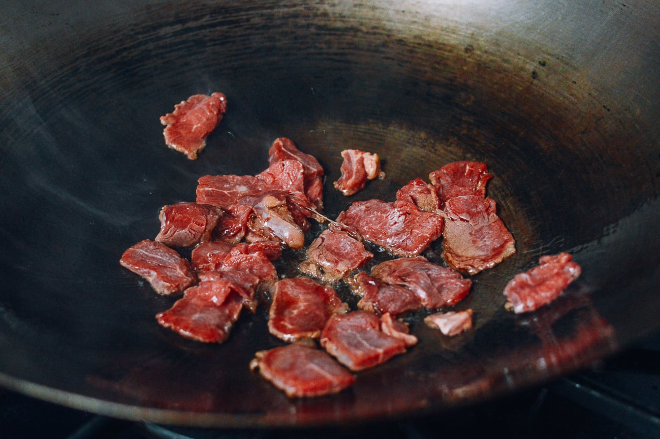 Searing beef in wok