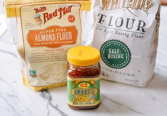 almond flour, self rising flour, and osmanthus syrup