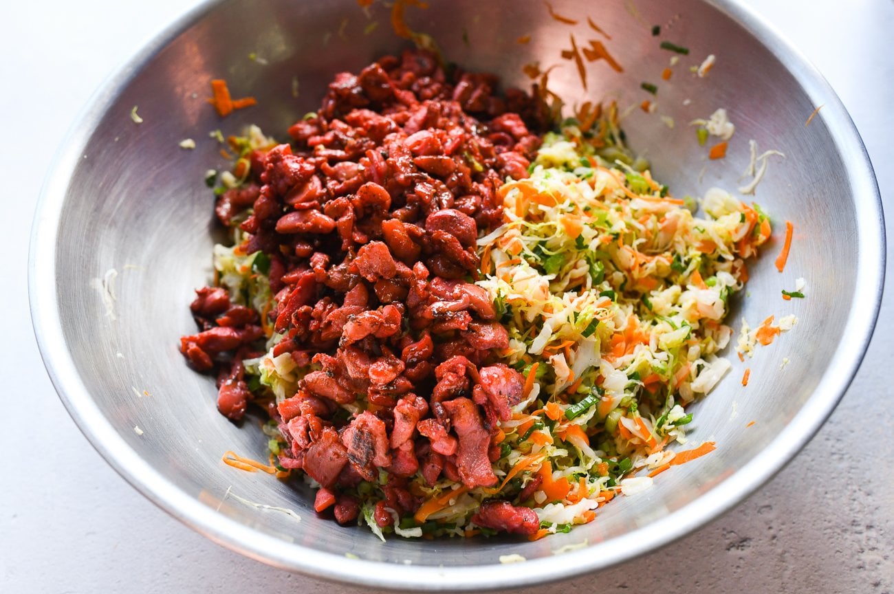 char siu chicken added to egg roll filling