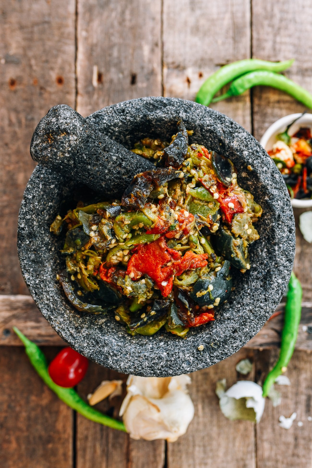 Smashed roasted peppers with century eggs