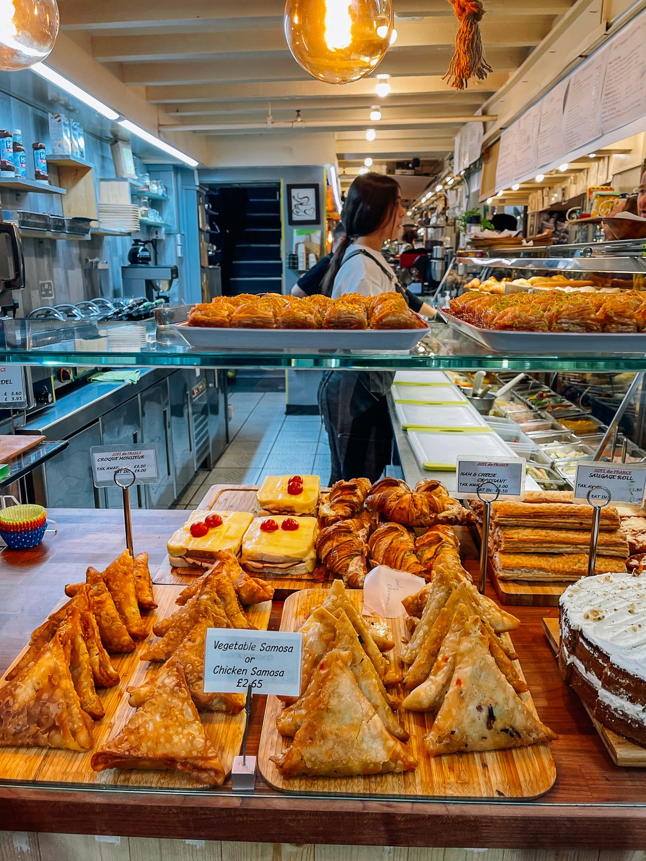 Samosas in a bakery case at the Oxford Covered Market