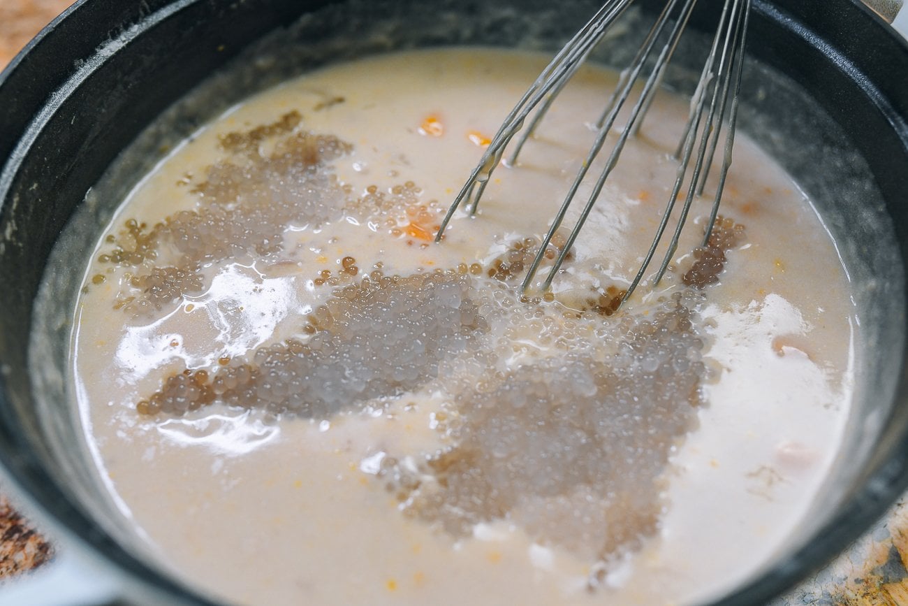 adding sago to taro soup