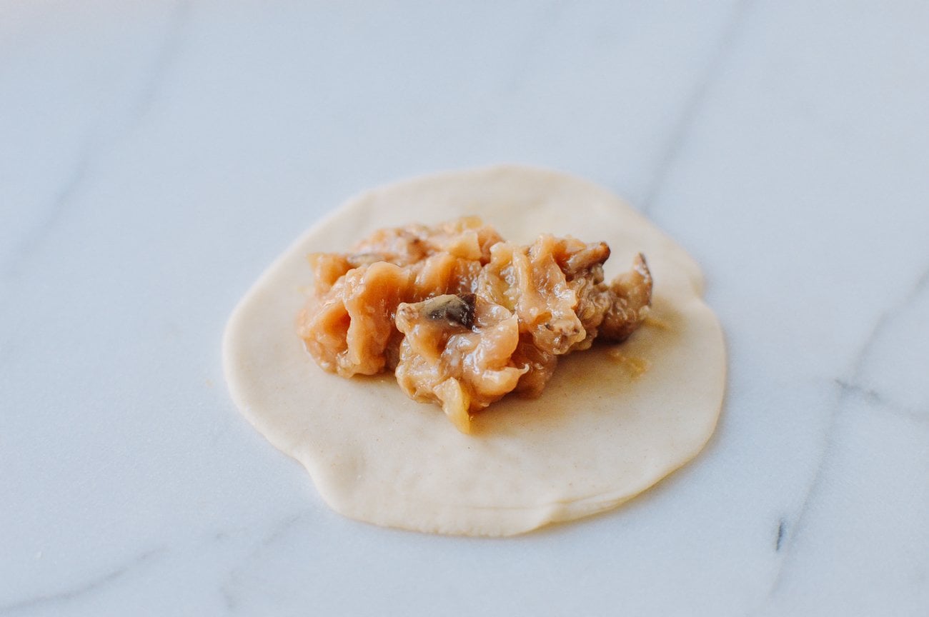 chicken and mushroom filling on homemade dumpling wrapper