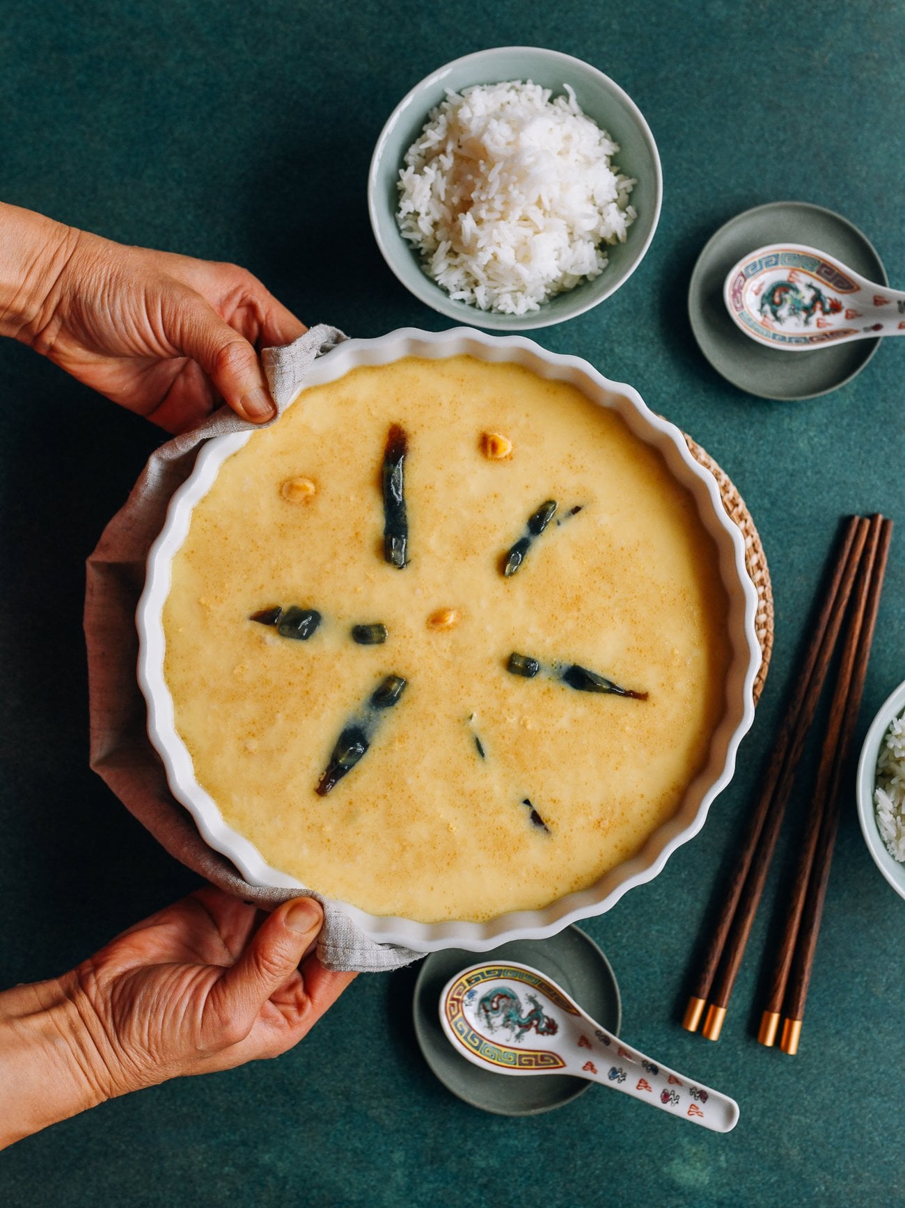 serving tricolor steamed egg