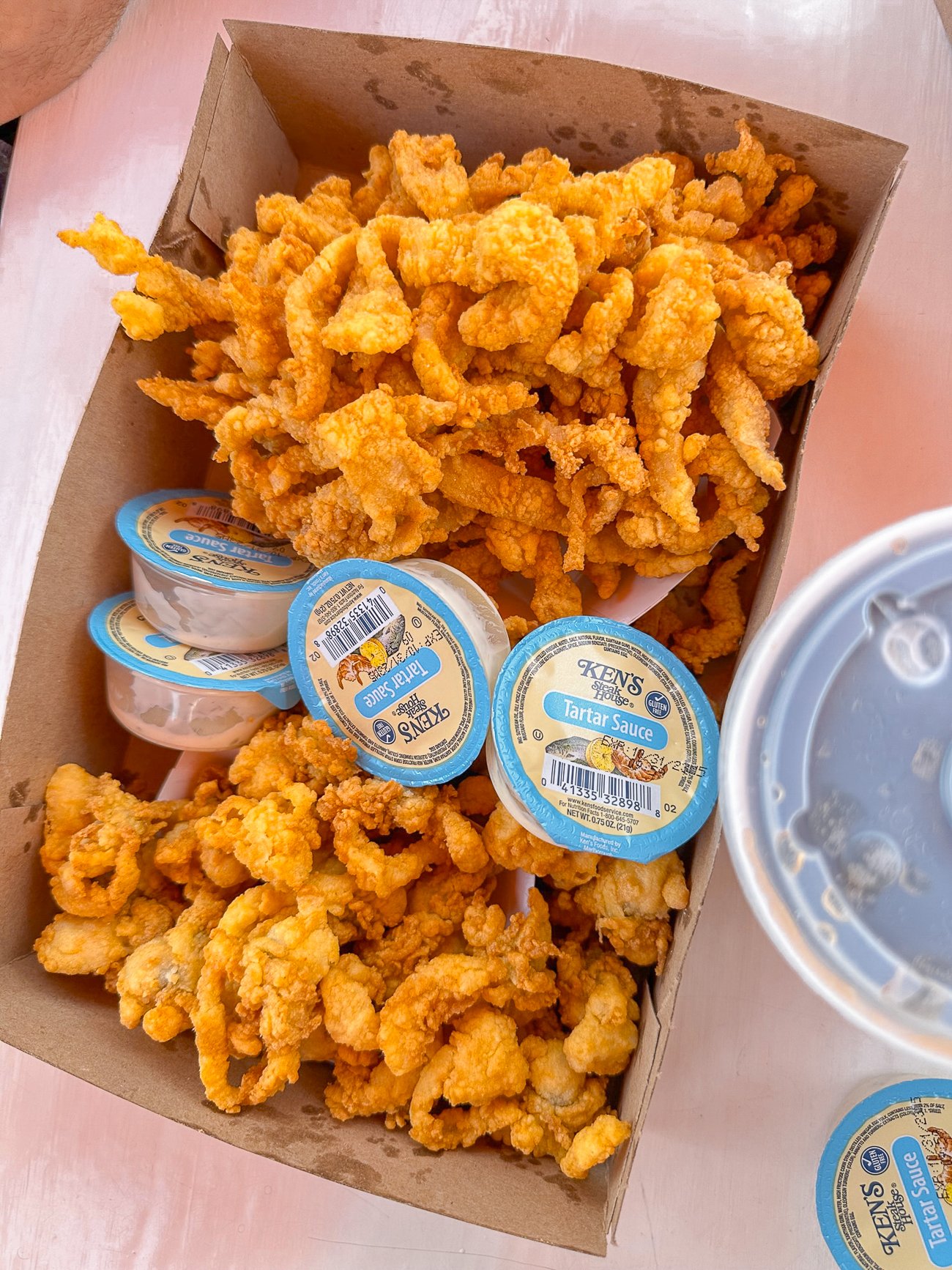 Fried whole belly clams and clam strips with tartar sauce from The Clam Shack in Kennebunkport
