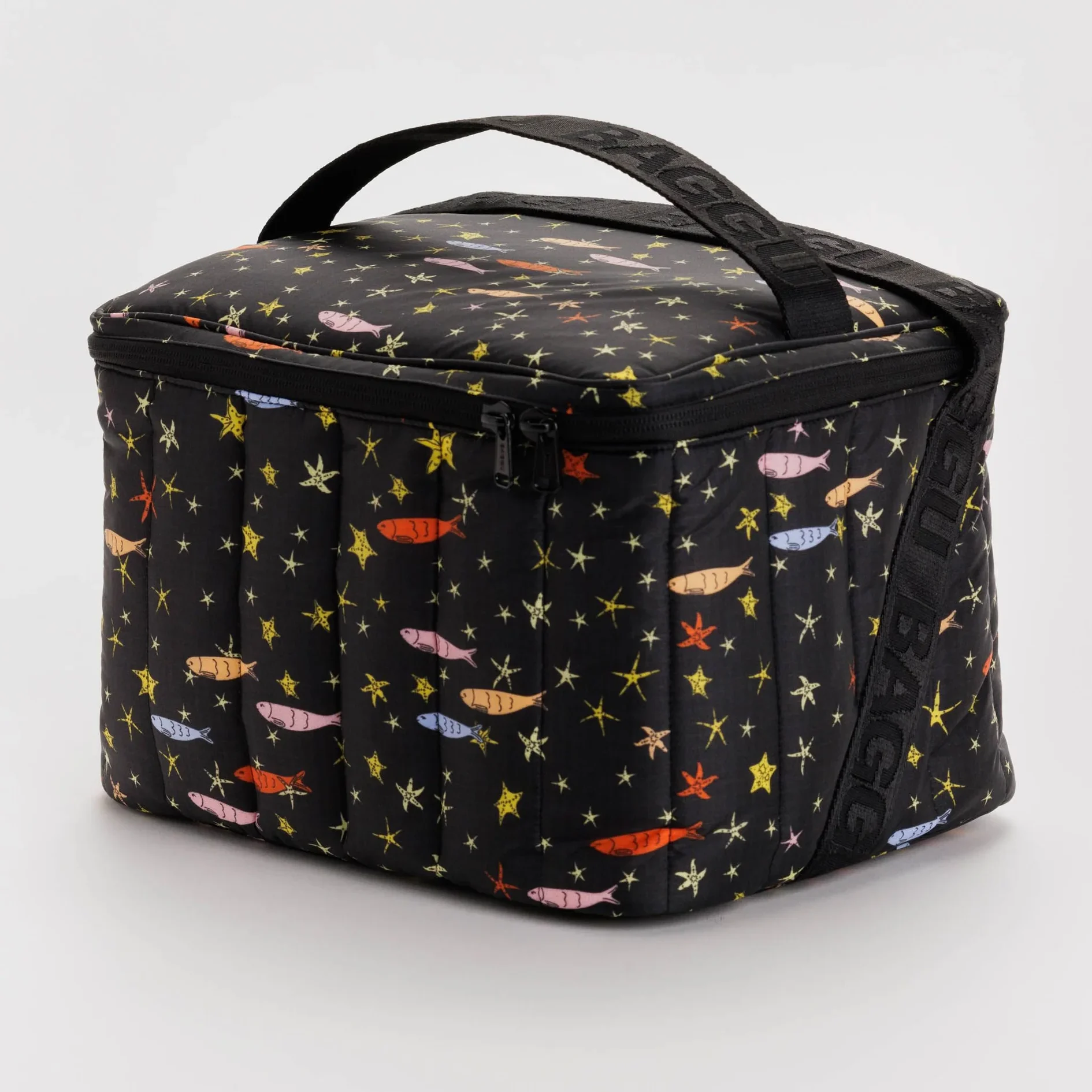 black multicolored cooler with top handle and long shoulder strap