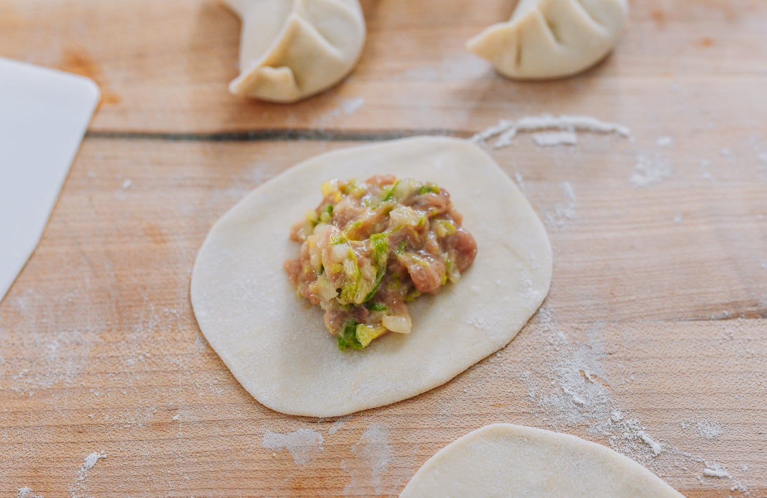 chicken dumpling filling on wrapper