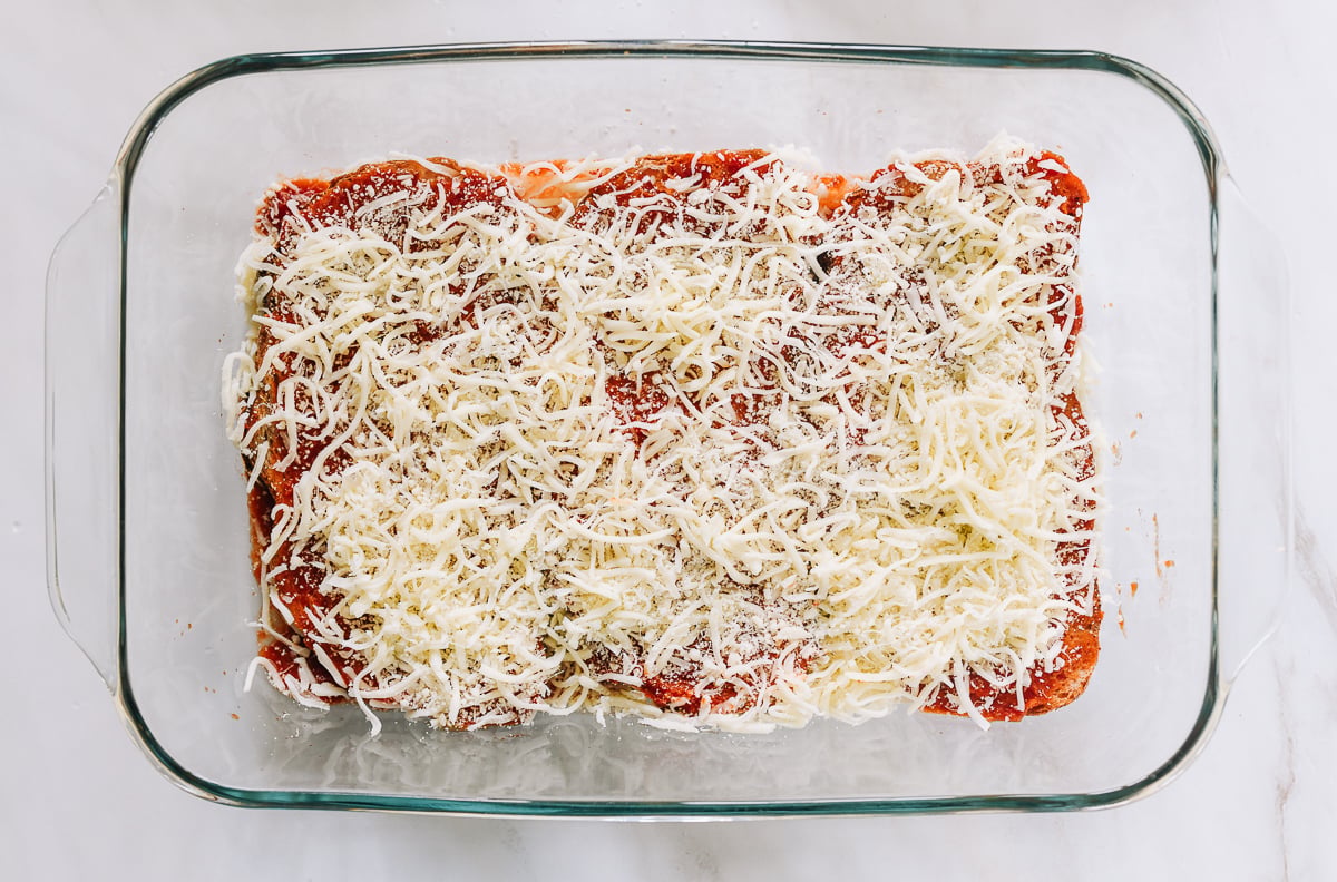 Making bread lasagna in glass baking dish