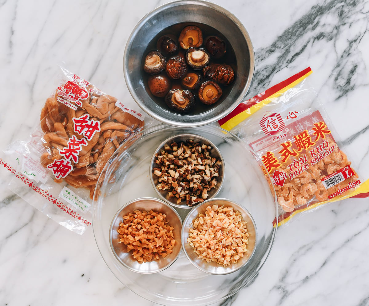 dried shiitake mushrooms, salted turnip, and dried shrimp