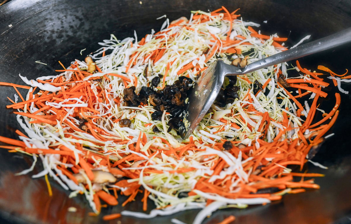 stir-frying vegetables for moo shu pork