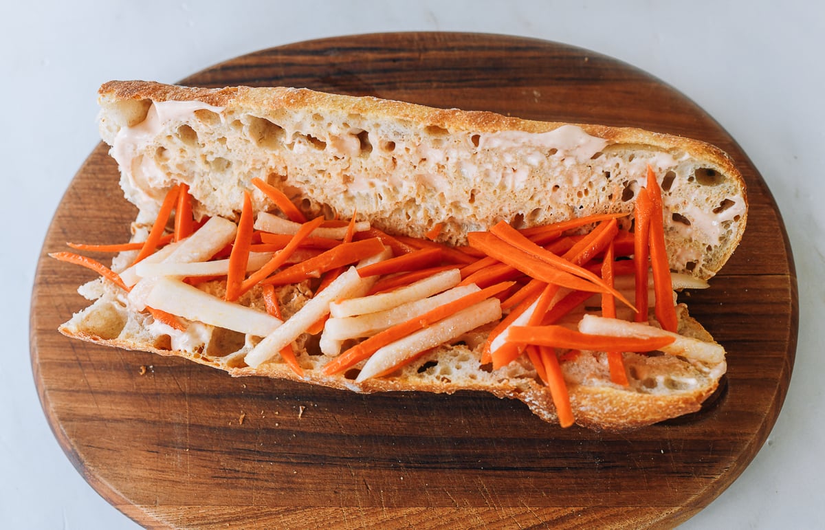 carrot daikon salad on baguette