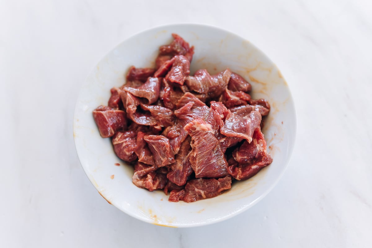 sliced beef marinated with cornstarch, oil, oyster sauce, and more