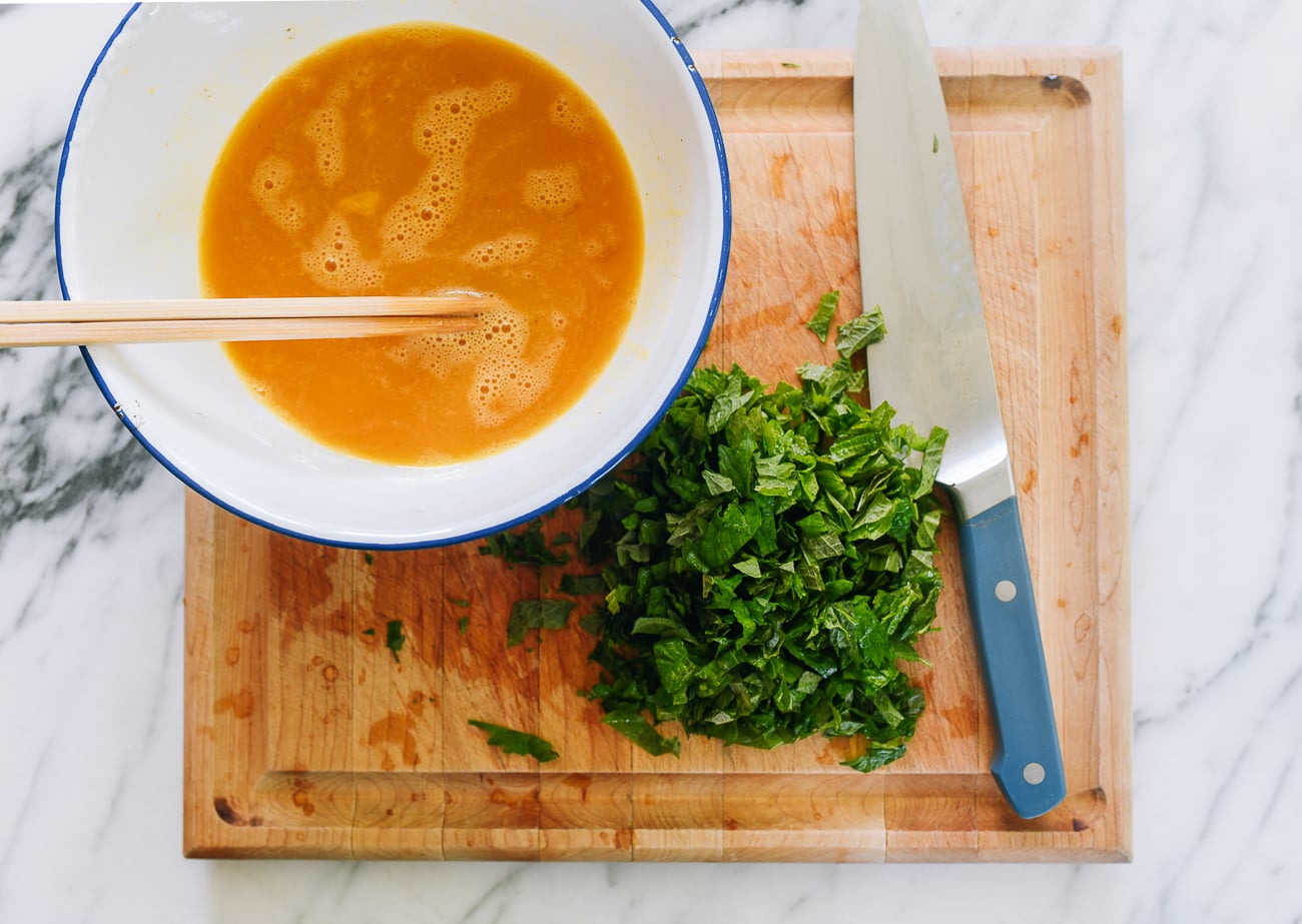 chopped shiso leaves and beaten eggs